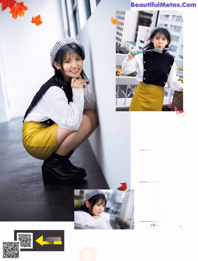 A woman in a white shirt and yellow skirt posing for a magazine.