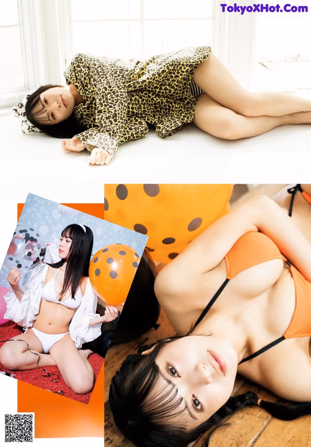 A woman laying on the floor next to a picture of a woman in a bikini.