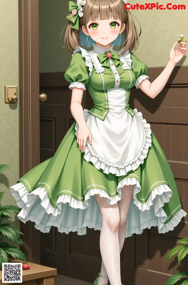 A girl in a green and white dress holding a flower.