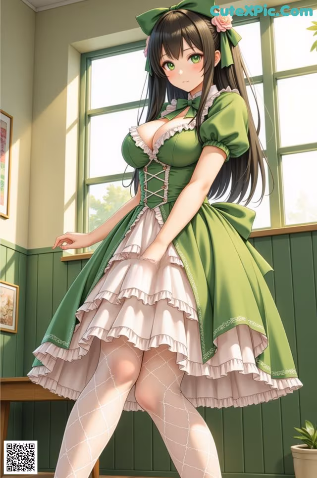 A woman in a green dress is posing for a picture.