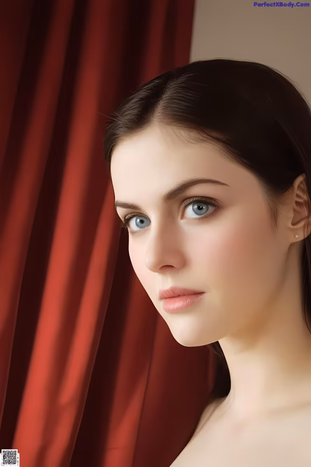 A woman with blue eyes looking out of a window.