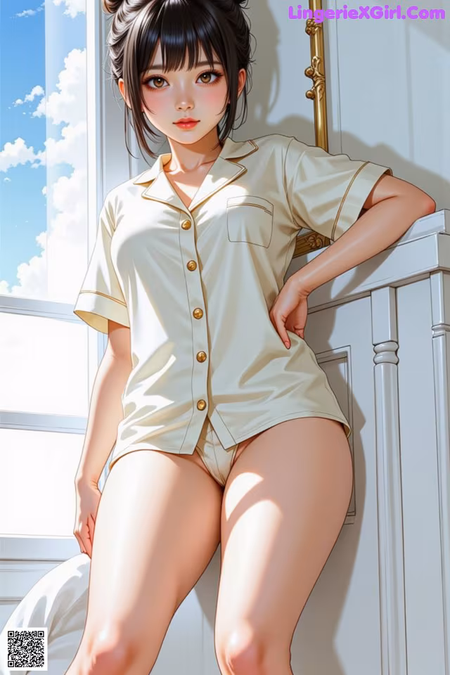 A woman in a white shirt and shorts leaning against a window.