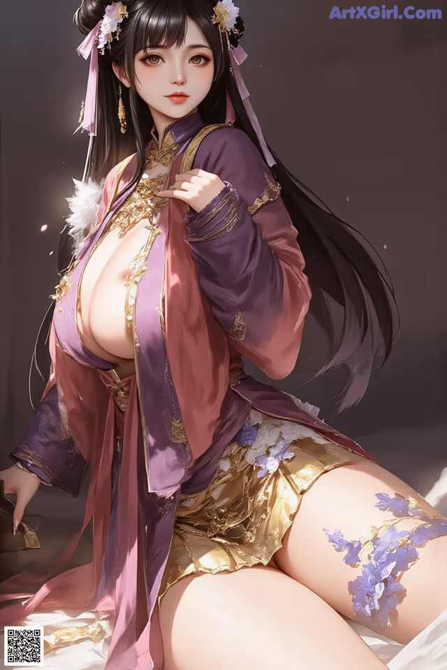 A woman in a purple and gold outfit sitting on a bed.