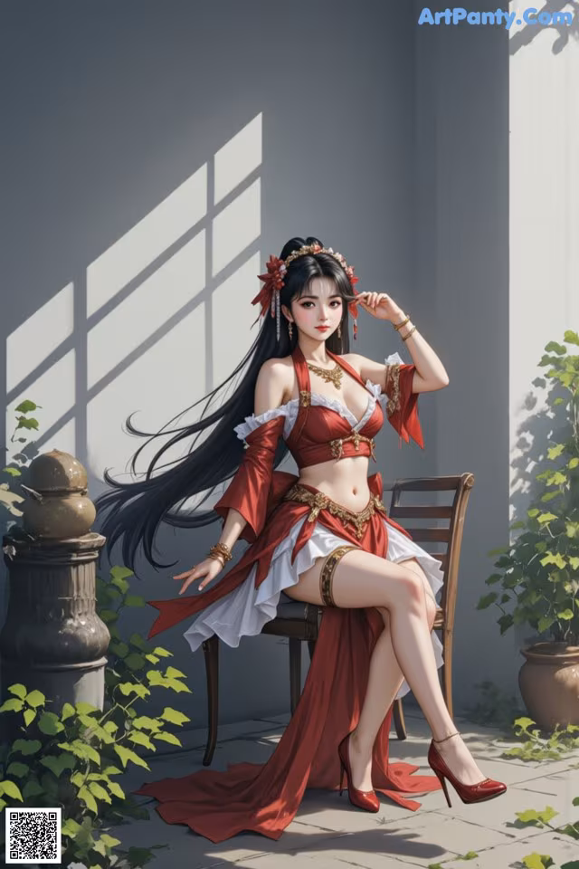 A woman in a red and white dress sitting on a chair.