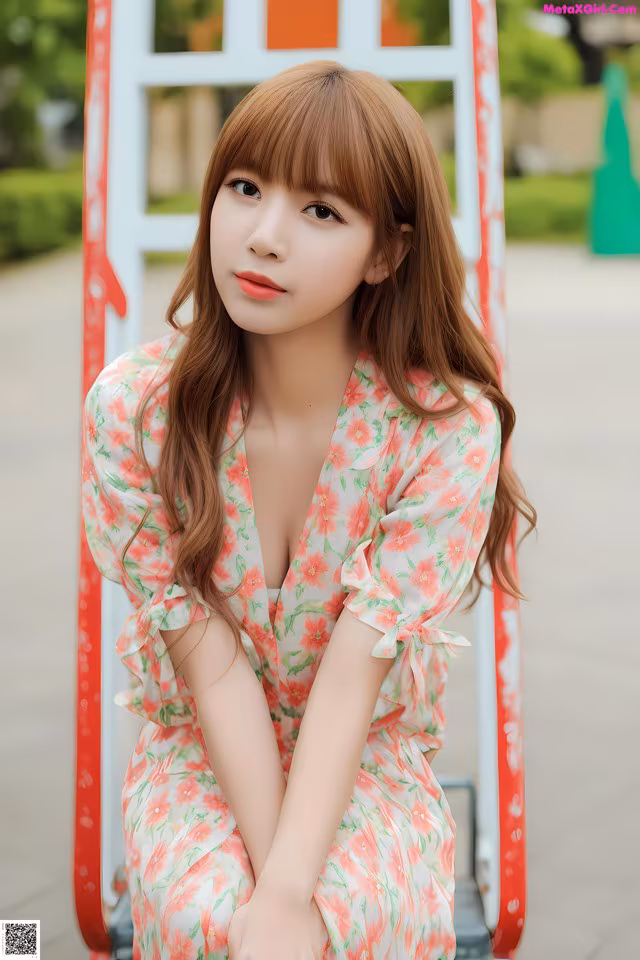 A woman in a pink dress sitting on a red chair.