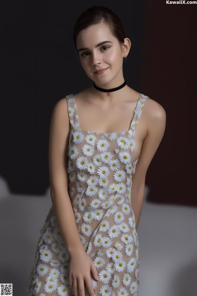 A woman in a white dress with daisies on it.
