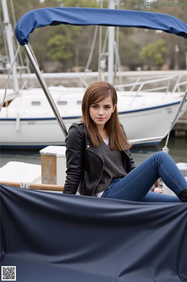 A woman sitting on a boat in a marina.
