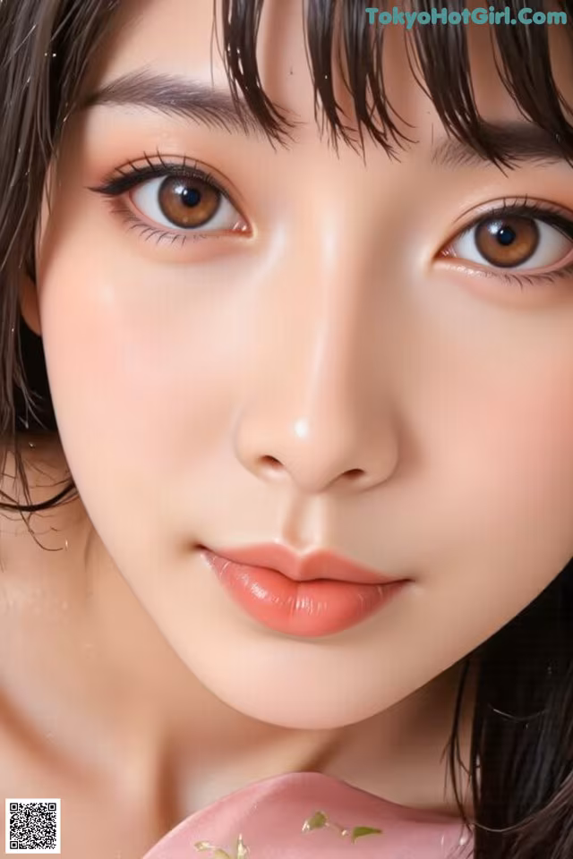 a close up of a woman with long black hair