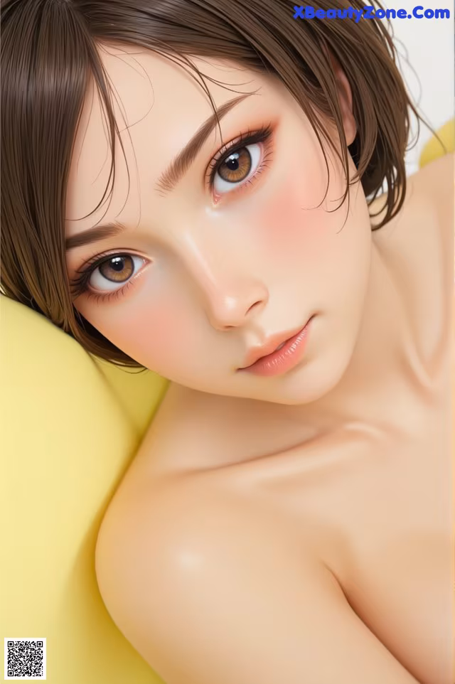 A close up of a woman's face on a yellow pillow.
