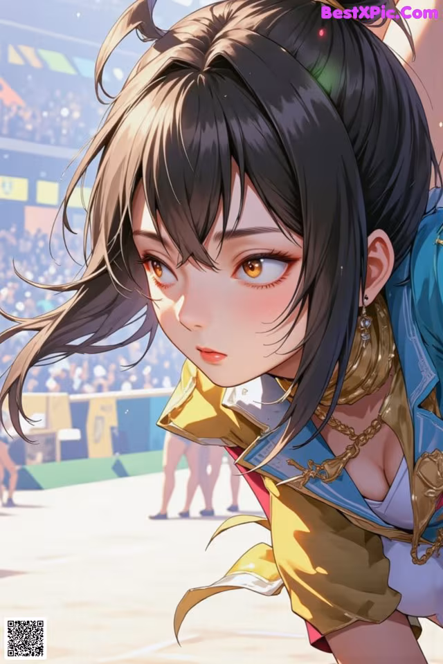 A girl with long black hair standing in front of a crowd.