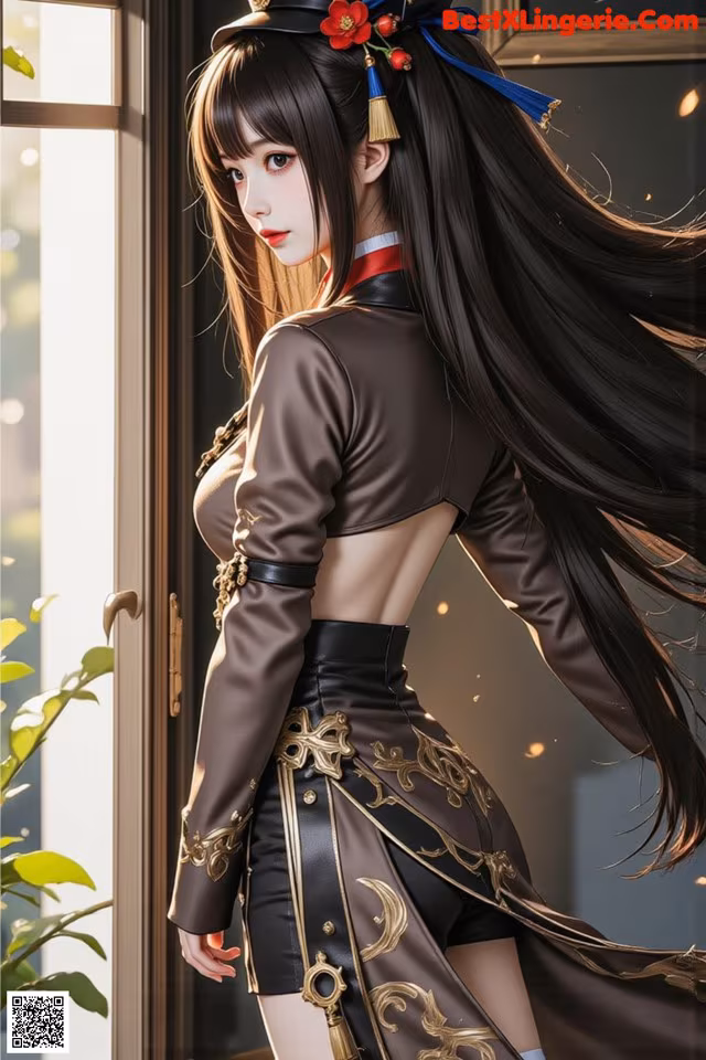 A woman with long black hair standing in front of a window.