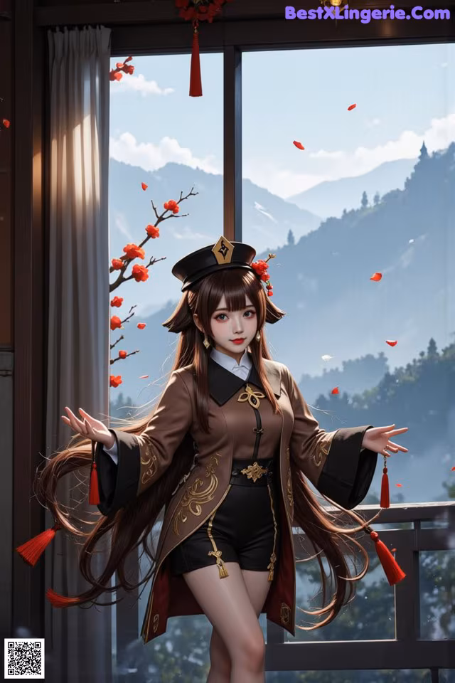 A woman in a chinese costume standing in front of a window.
