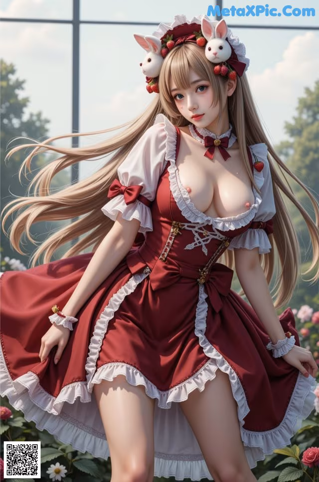 A woman in a red and white dress with a bunny on her head.