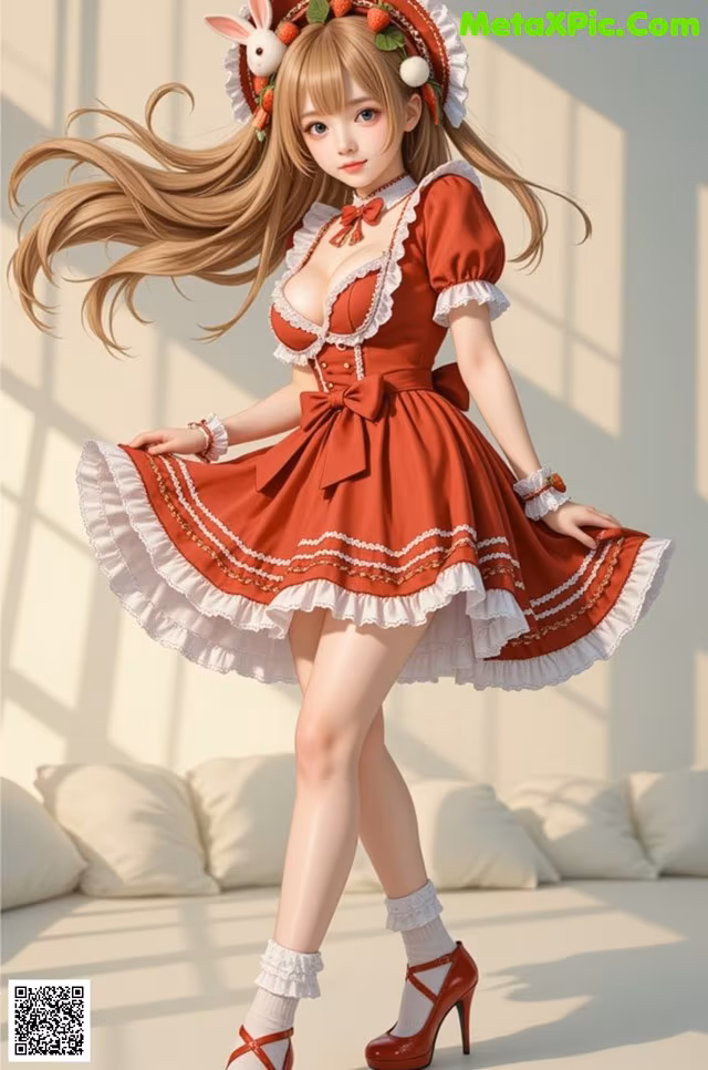 A woman in a red and white dress with a bunny hat.
