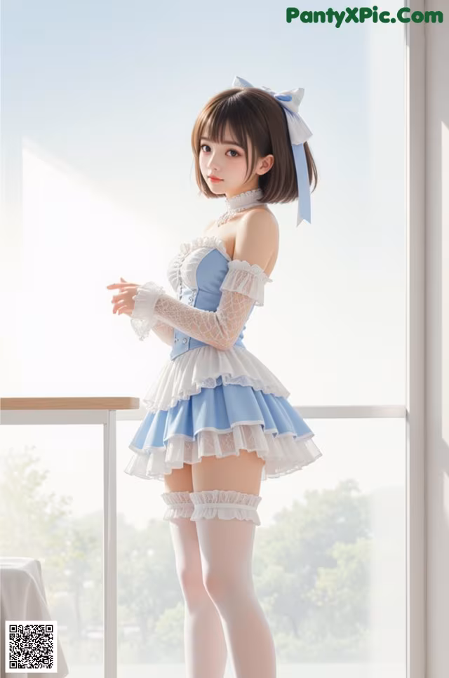 a woman in a blue and white dress standing by a window