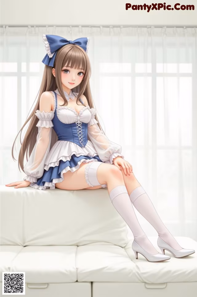A woman sitting on top of a white couch.