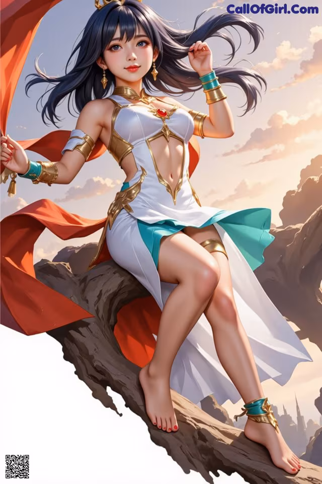 A woman sitting on top of a tree branch holding a flag.