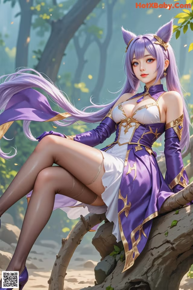 A woman in a purple dress sitting on a tree branch.