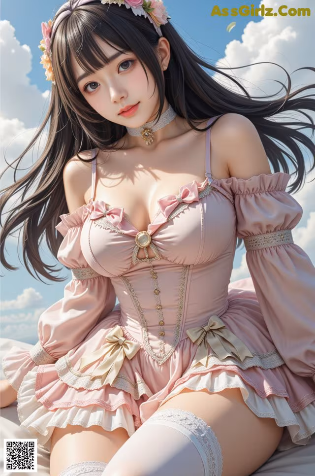 A woman in a pink dress sitting on a bed.