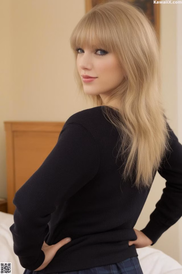 A woman in a black sweater and plaid skirt posing on a bed.