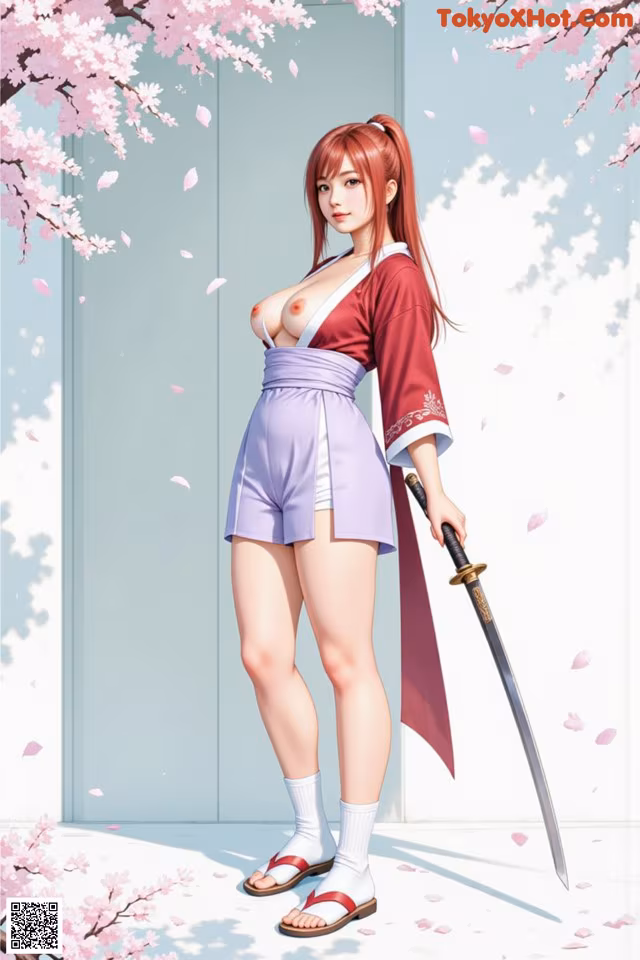 A woman in traditional attire holds a sword, standing amidst cherry blossoms.