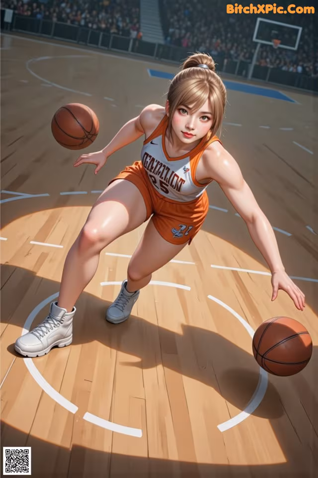 A woman in an orange uniform dribbling a basketball on a court.