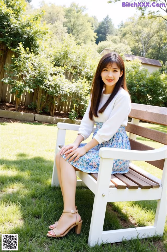 A woman sitting on a bench in a park.